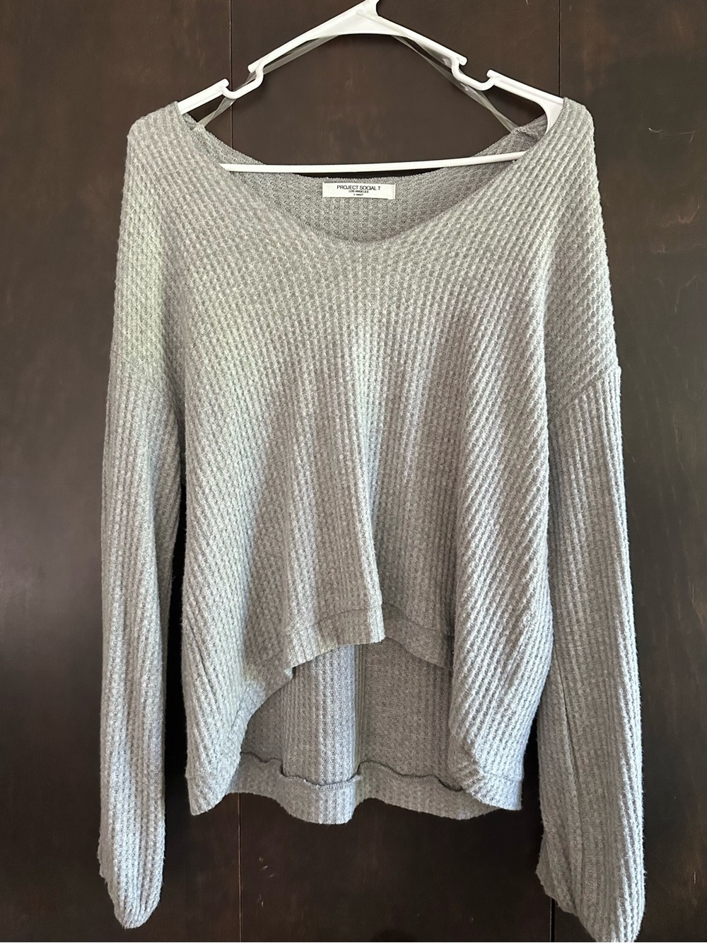 Project Social T Waffle-Knit Scoop Neck Sweater in Light Gray